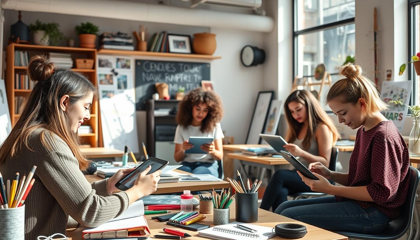 Students studying together in modern classroom